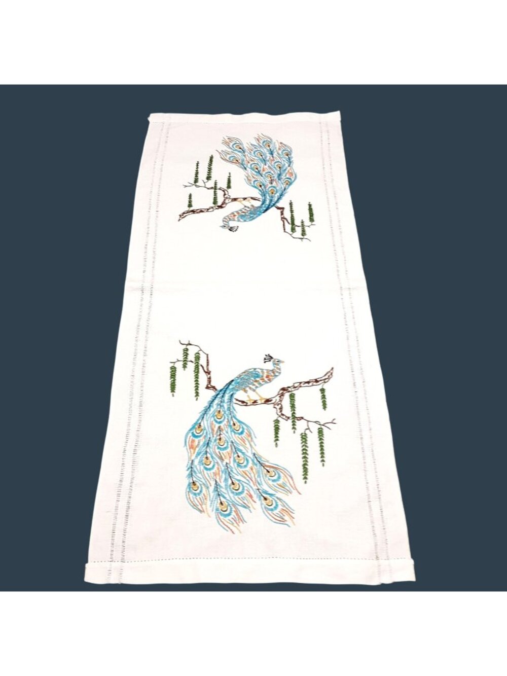 Hand-Embroidered White Cotton Table Runner With Colorful Peacock Design 14 x 36